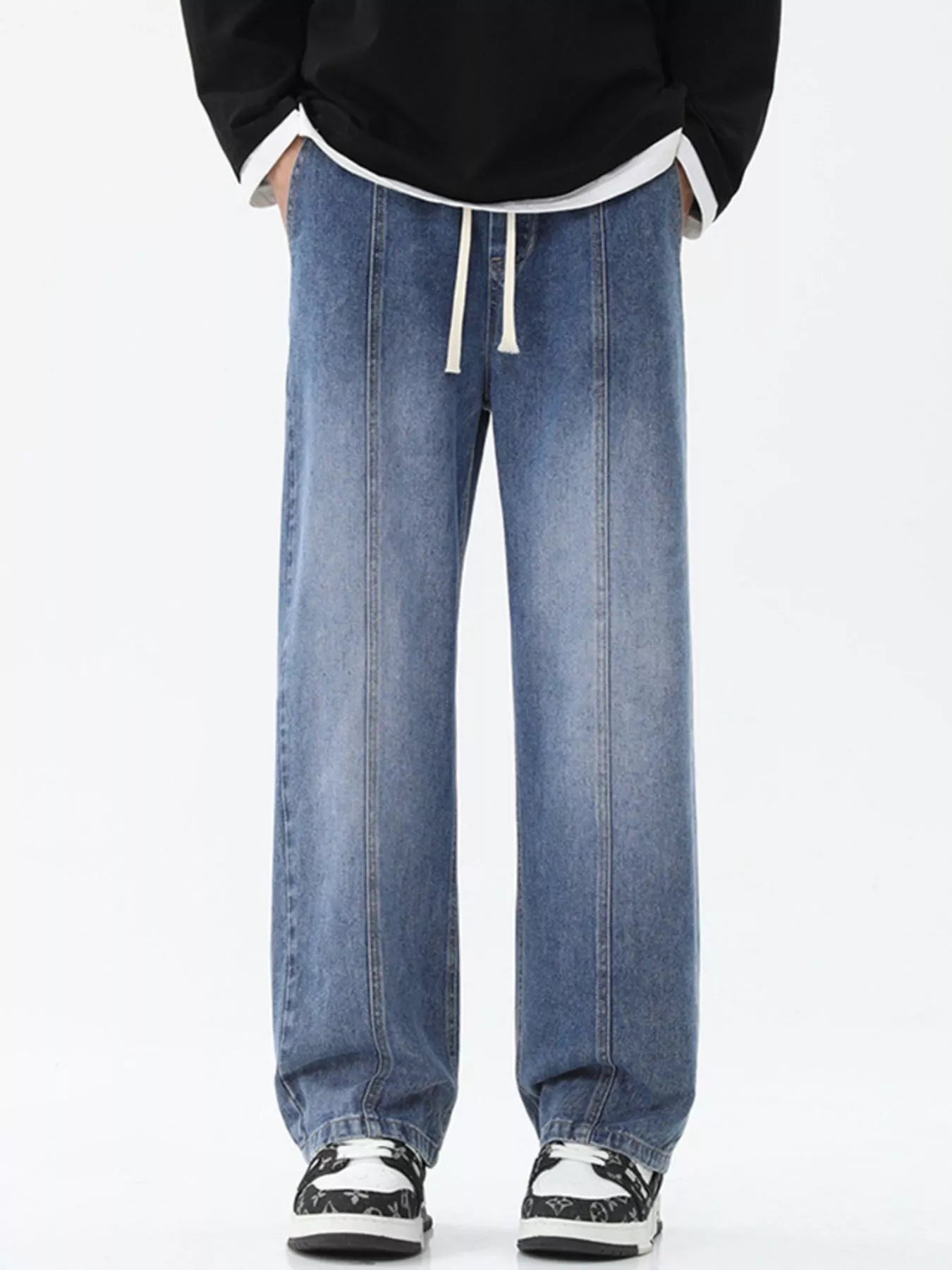 Drawstring Wide Leg Jeans Plus Size in Light Blue in Smoky Gray for Men