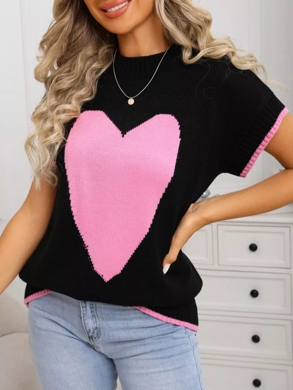 Valentines Day Heart Graphic Short Sleeve Sweater for Women