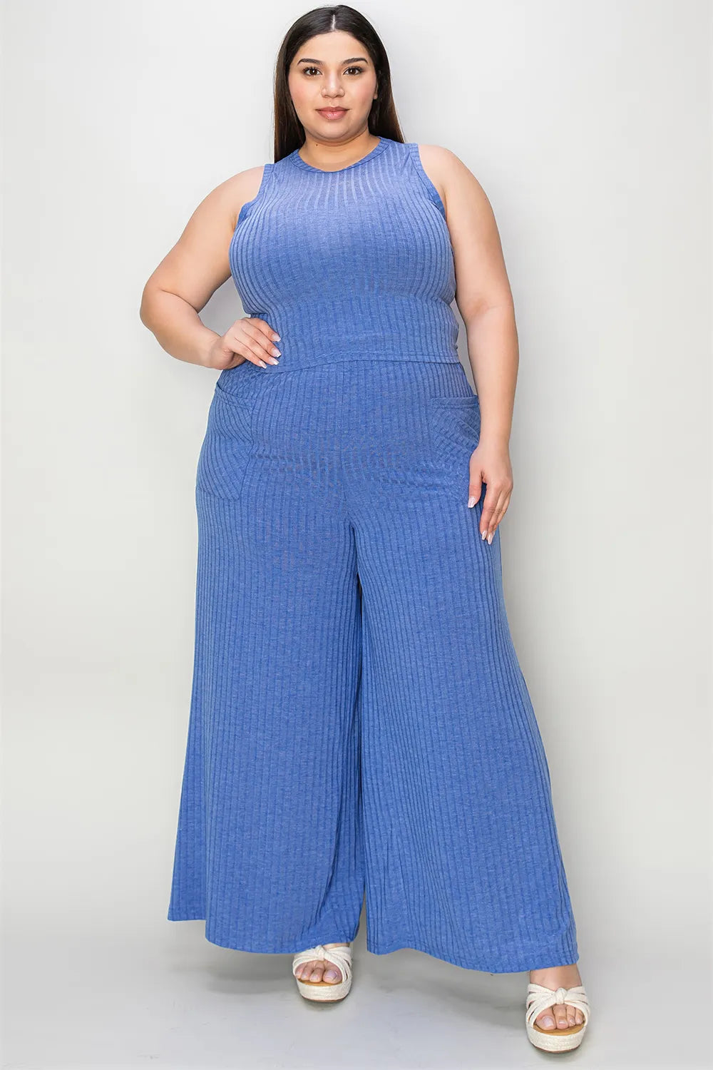 Plus Size Ribbed Tank and Wide Leg Pants Set in Dark Brown for Women