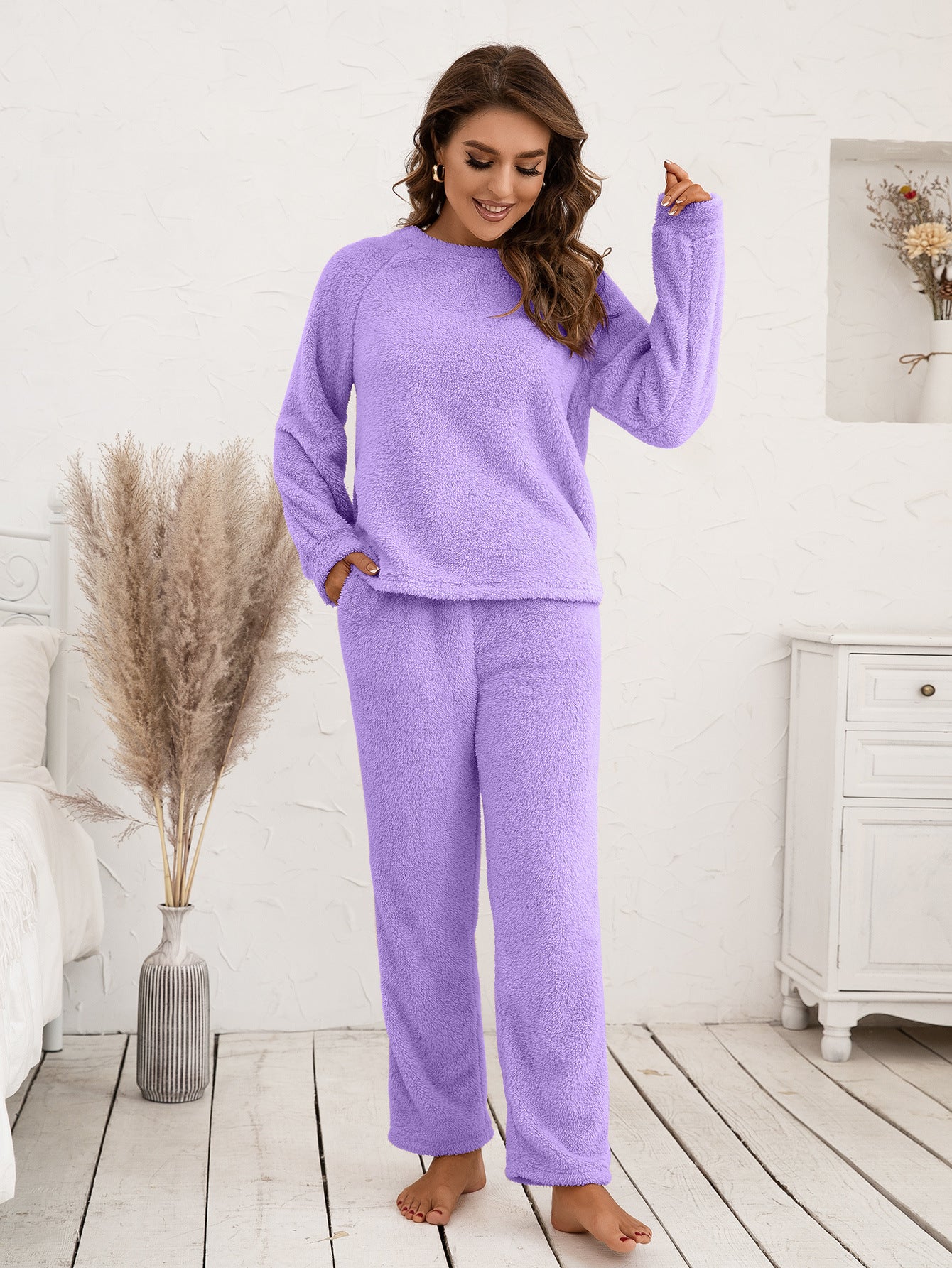 Ivy Lane Teddy Long Sleeve Top and Pants Lounge Set in Watermelon Pink for Women