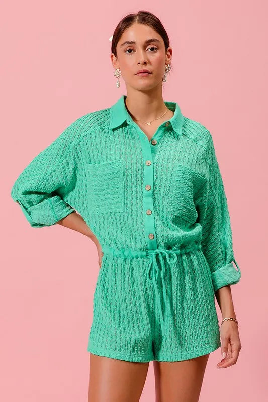 Textured Knit Button Front Romper in Mint for Women