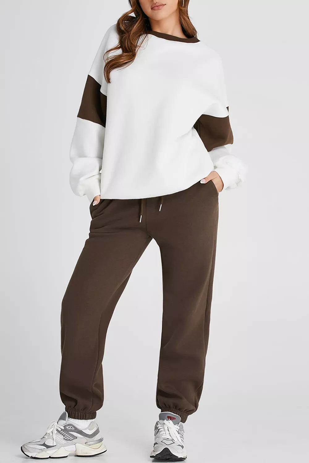 Drop Shoulder Loose Sweatshirt and Joggers Active Set in Chocolate for Women