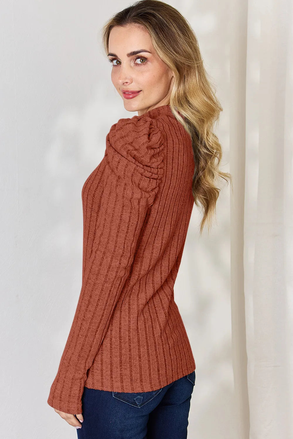 Plus Size Ribbed Mock Neck Puff Sleeve T-Shirt in Rust for Women