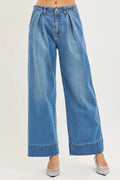 Slouchy Wide Leg Jeans with Pleats in Medium for Women