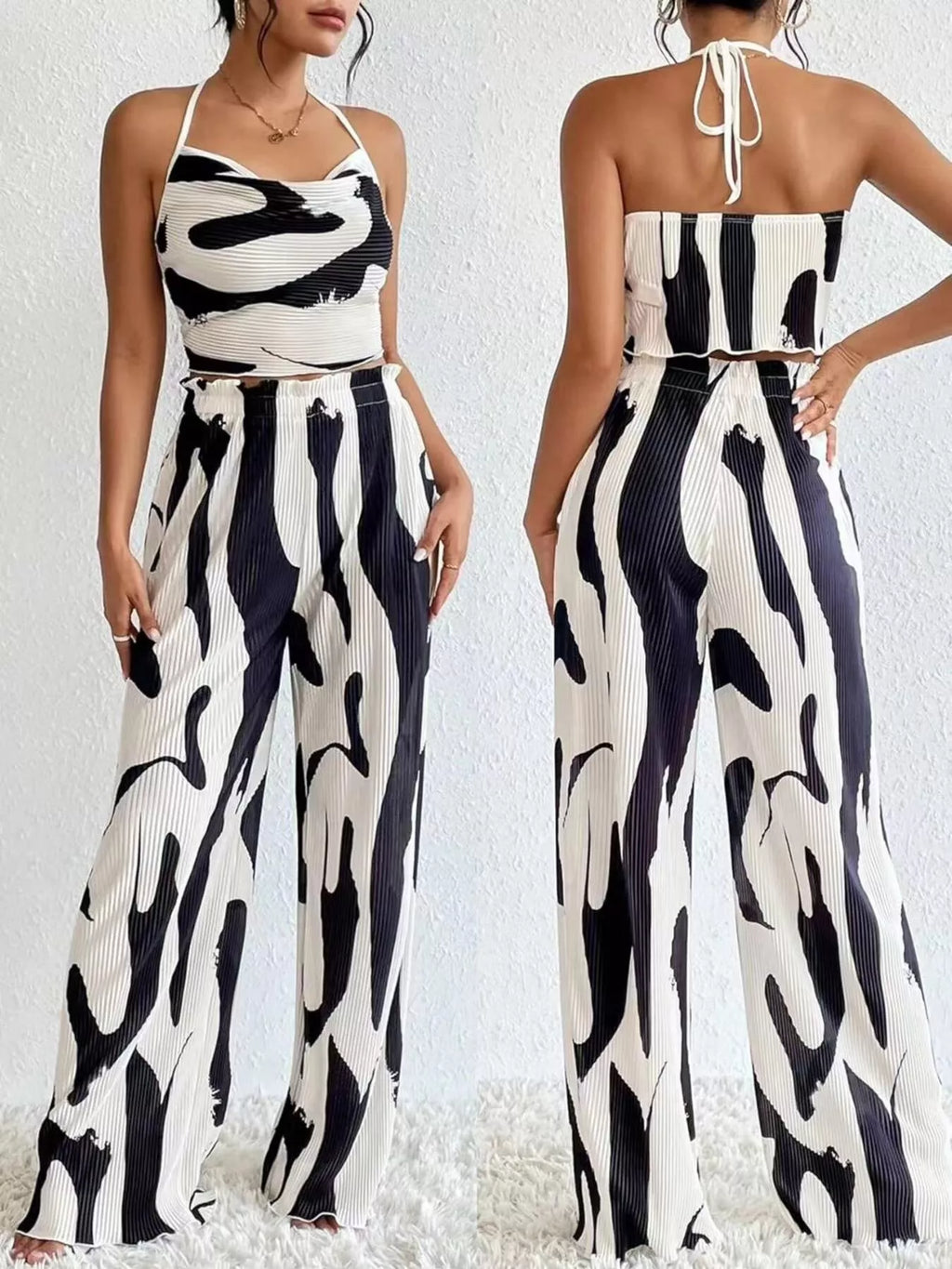 Abstract Print Halter Neck Crop Top and Wide Leg Pants Set in Black for Women