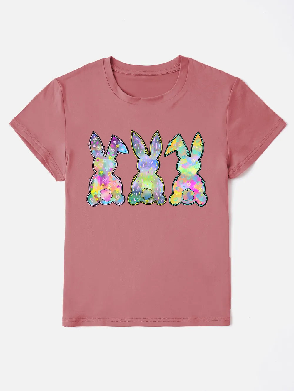 Rabbit Round Neck Short Sleeve T-Shirt in Blush Pink for Women