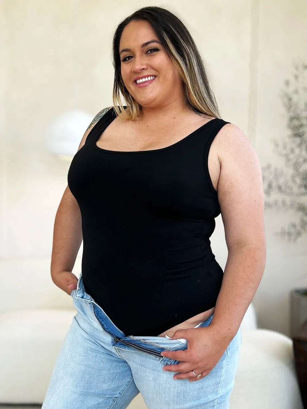 Plus Size Square Neck Sleeveless Bodysuit in White for Women