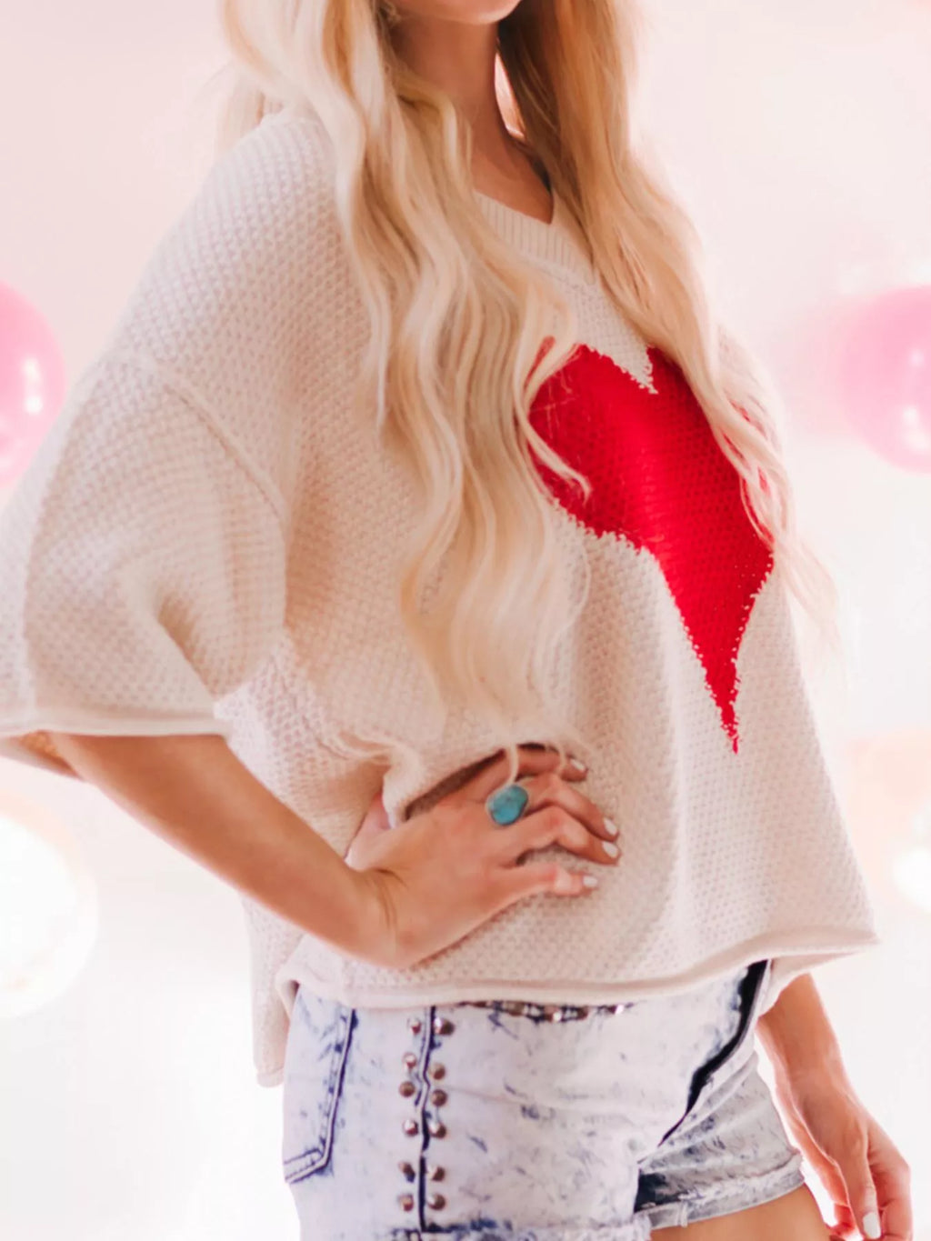 V-Neck Dropped Sleeve Heart Print Valentines Sweater in Beige for Women