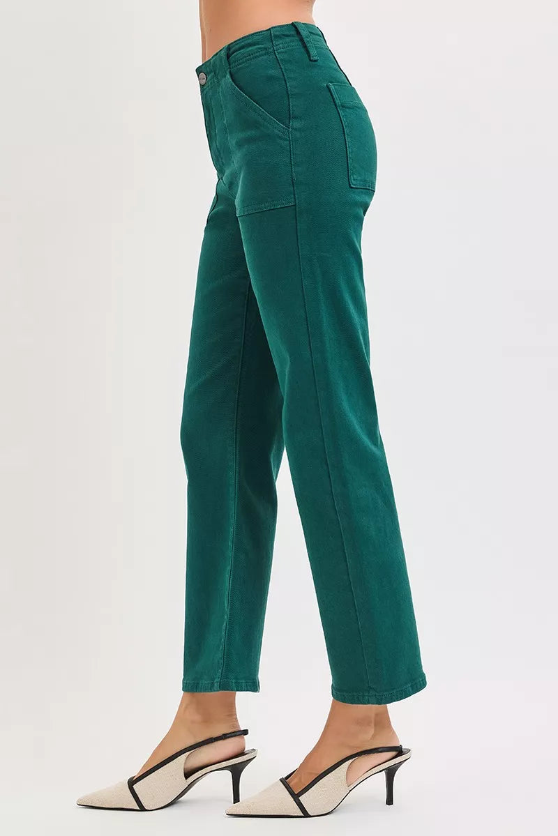 High Rise Ankle Flare Patch Pocket Jeans in Hunter Green for Women