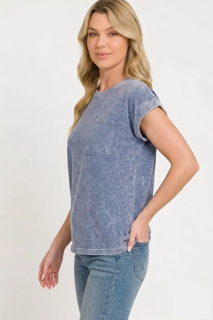 Halo Snow Washed Cuffed Short Sleeve Tee in Navy for Women