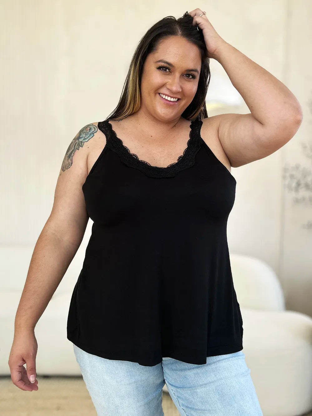 Plus Size Lace Detail V-Neck Cutout Cami in Black for Women