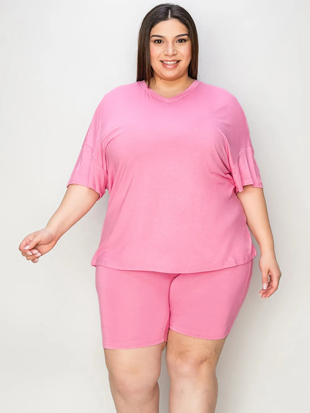 Plus Size V-Neck Drop Shoulder T-Shirt and Shorts Set in Pink for Women
