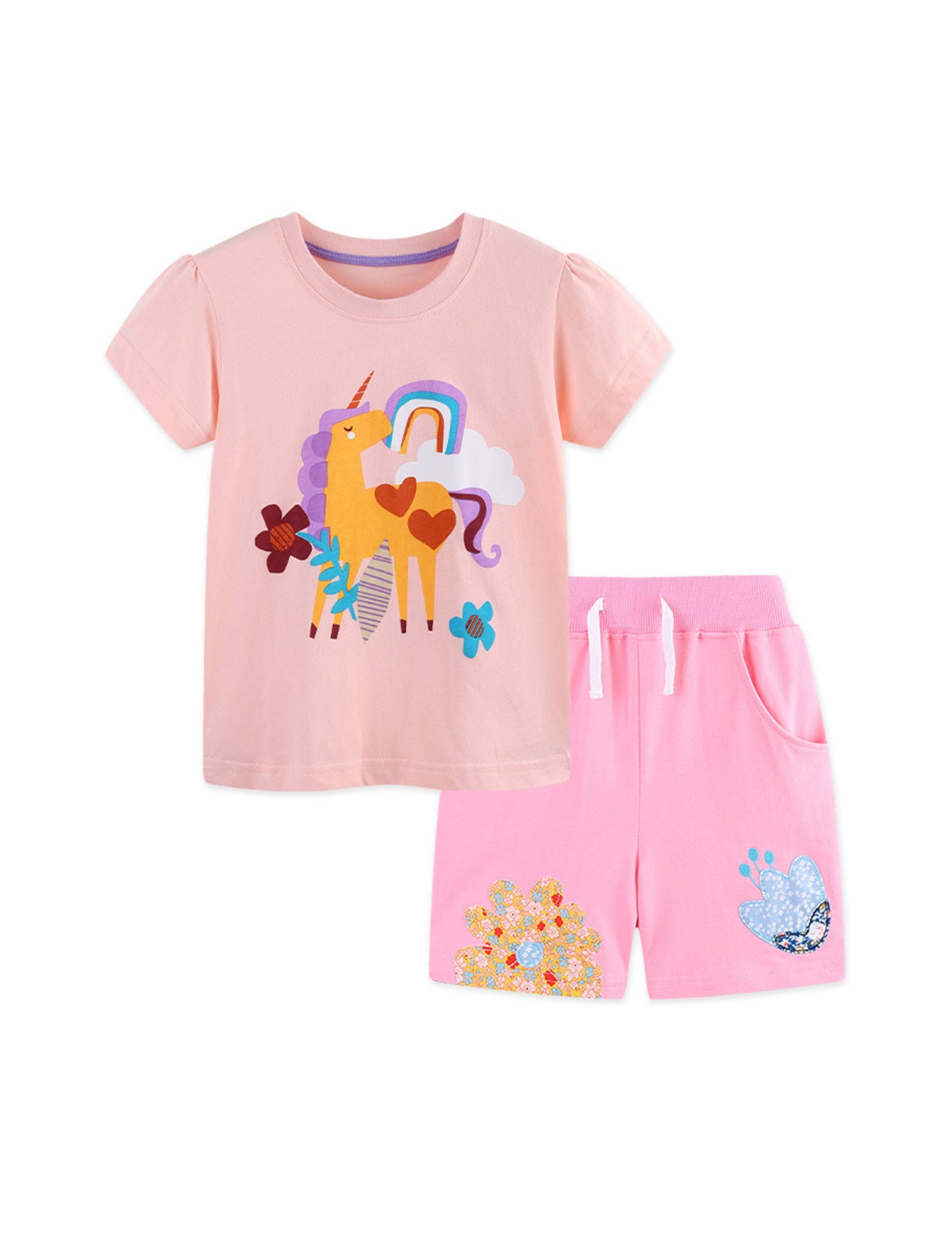 Unicorn Graphic Tee and Shorts Set in Blush Pink for Girls