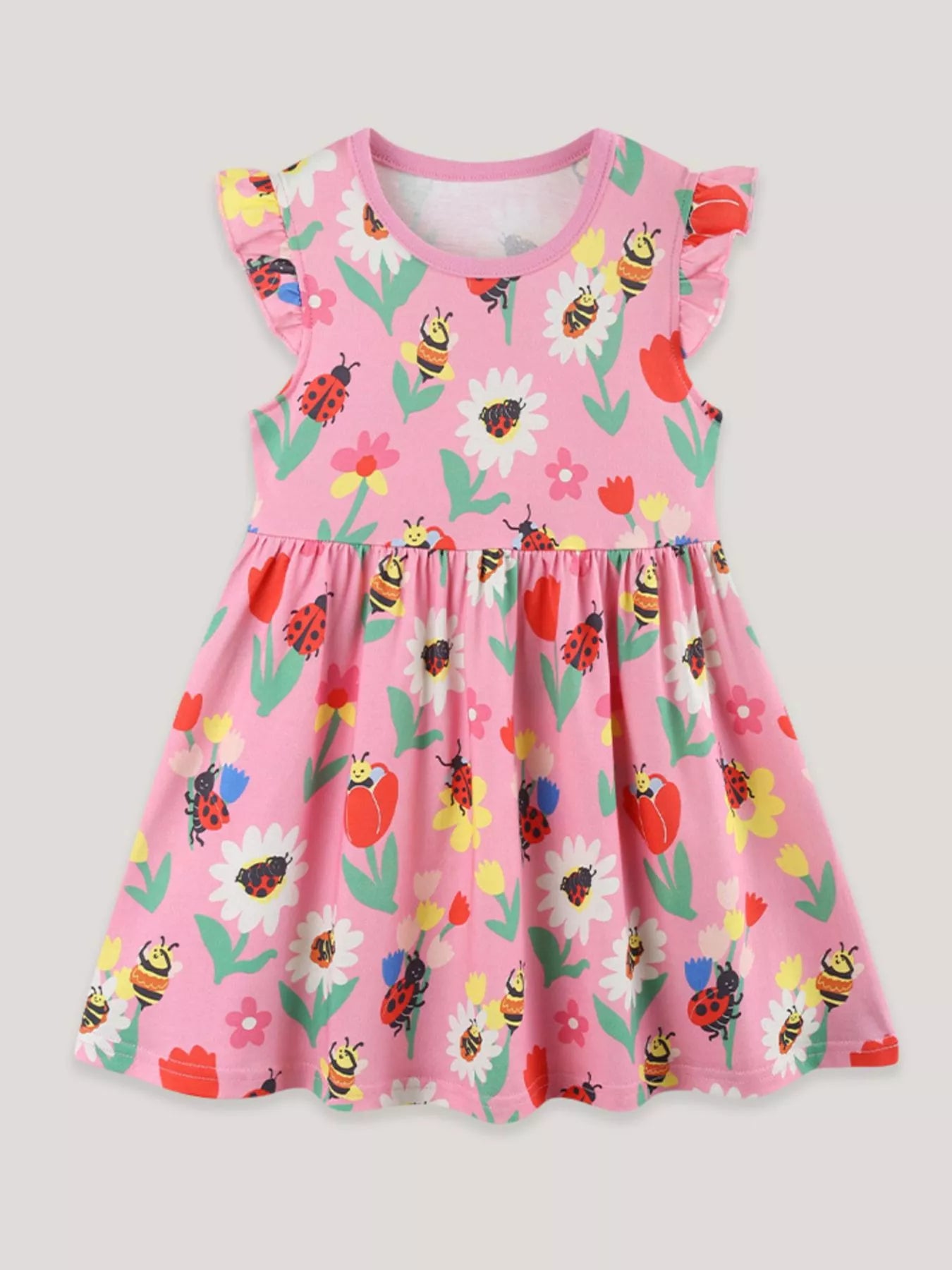 Floral & Insect Print Ruffle Sleeve Casual Dress in Multicolor for Girls