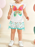 Butterfly Ruffle Sleeve Top and Animal Print Shorts Set in White for Girls