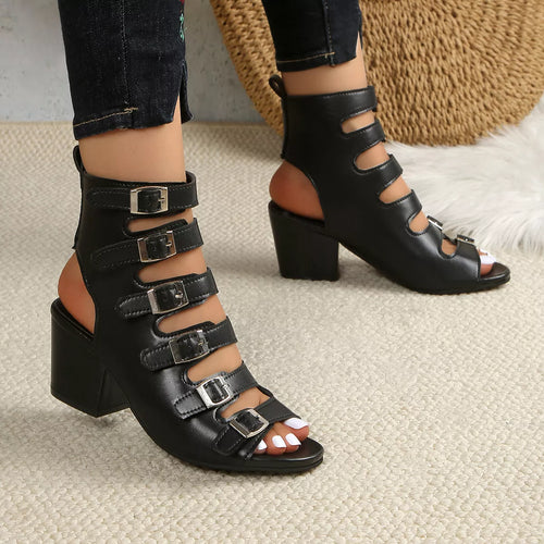 Buckle Block Heels Sandals in Black for Women