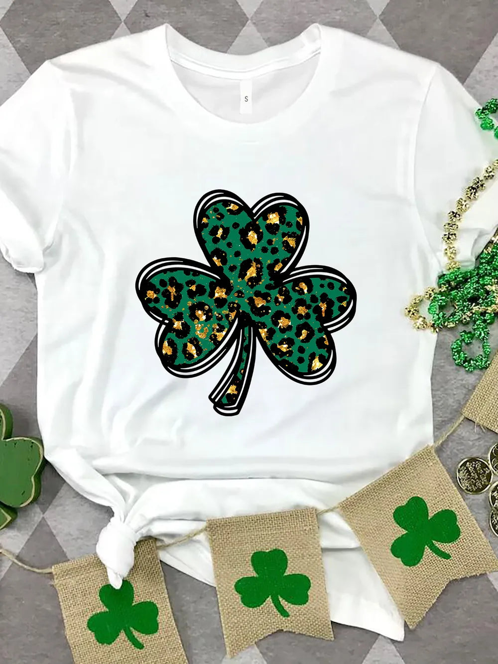 Lucky Clover Round Neck Short Sleeve T-Shirt in White for Women