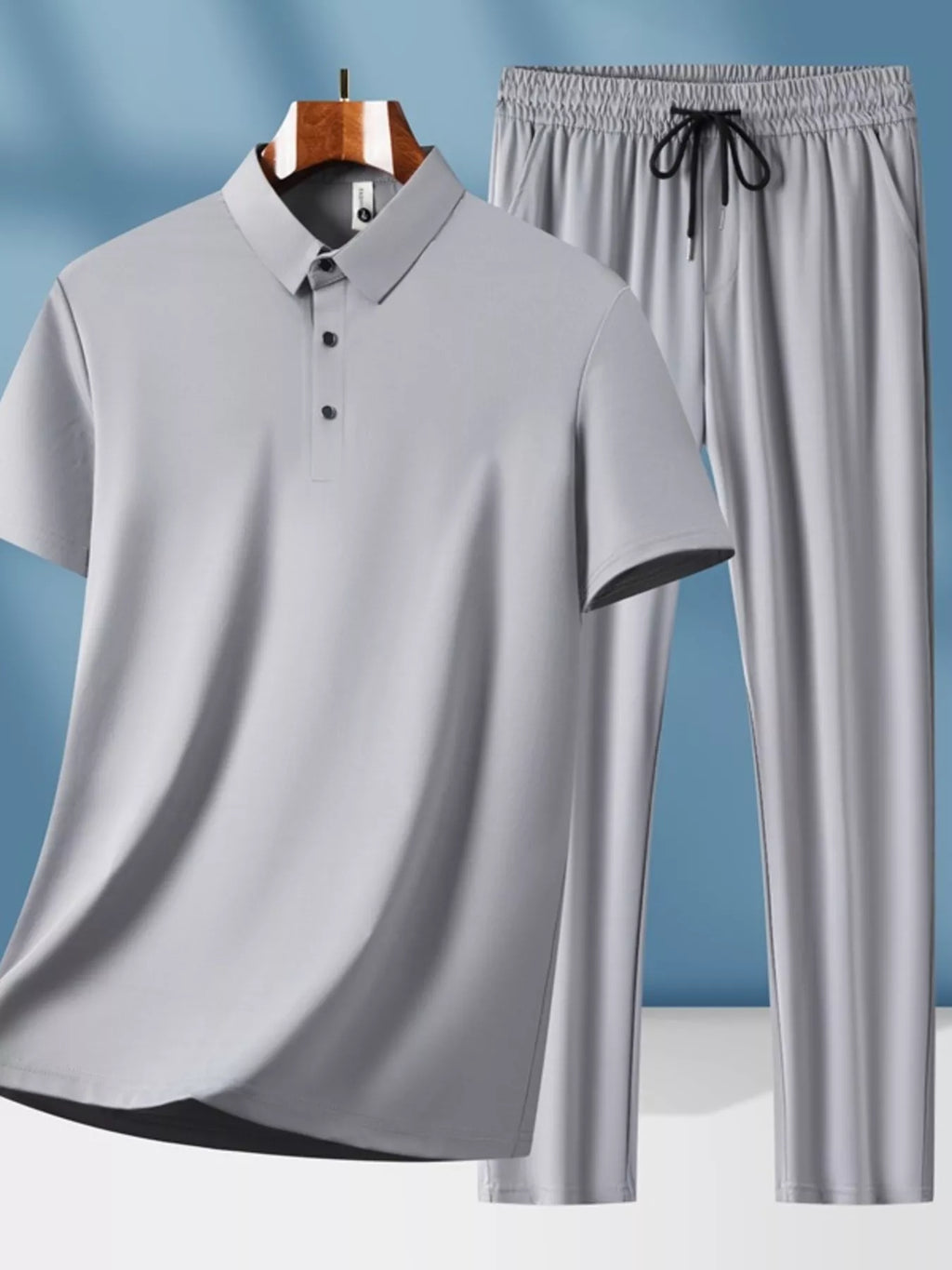 Plus Size Button Detail Short Sleeve Top and Pants Set in Black for Men