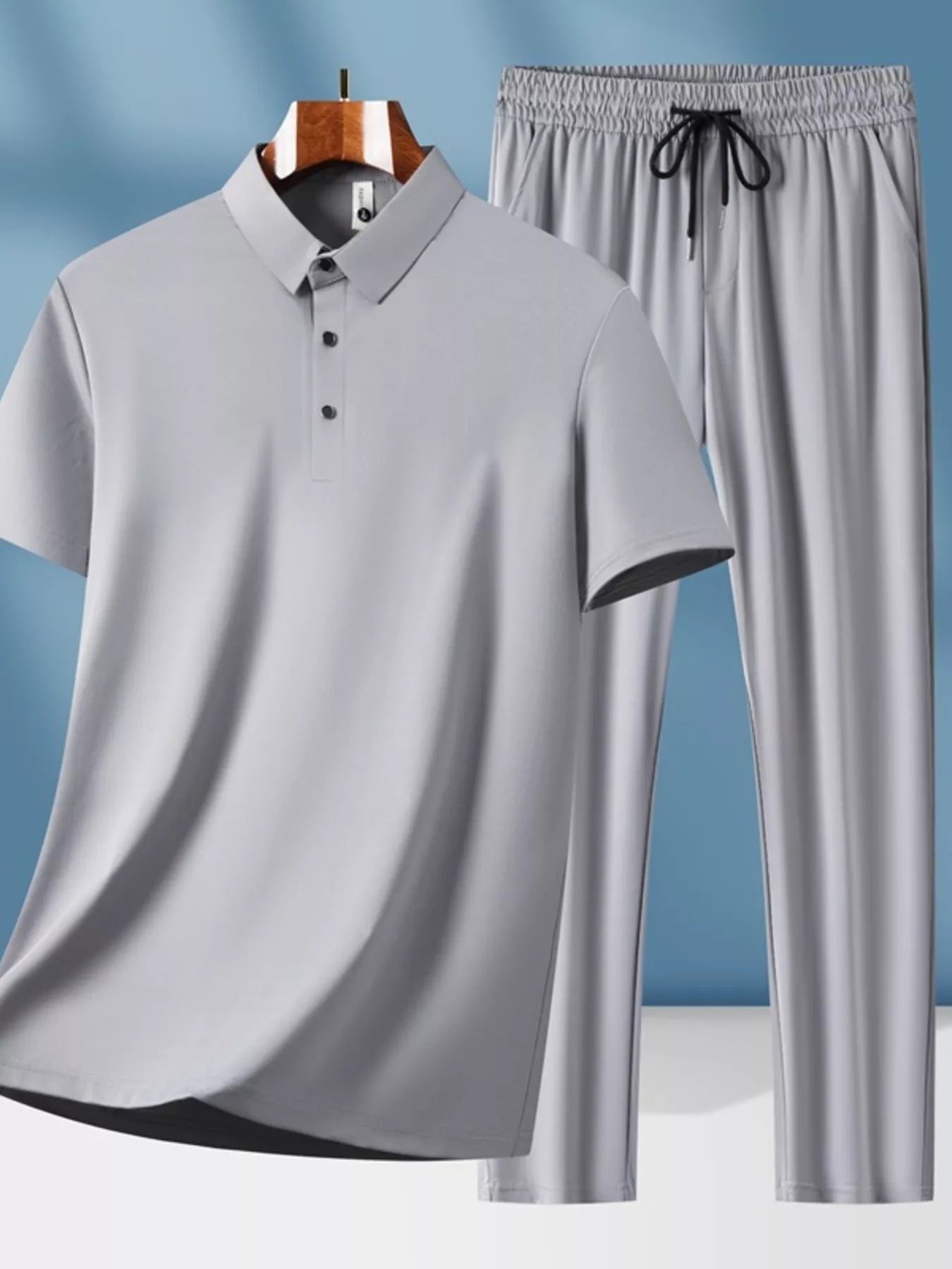 Plus Size Button Detail Short Sleeve Top and Pants Set in Black for Men