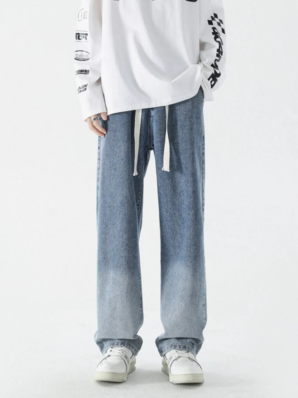 Wide Leg Washed Jeans Plus Size in Black and Gray for Men