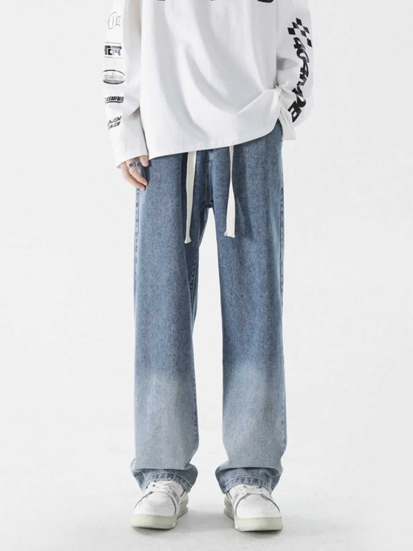 Wide Leg Washed Jeans Plus Size in Black and Gray for Men