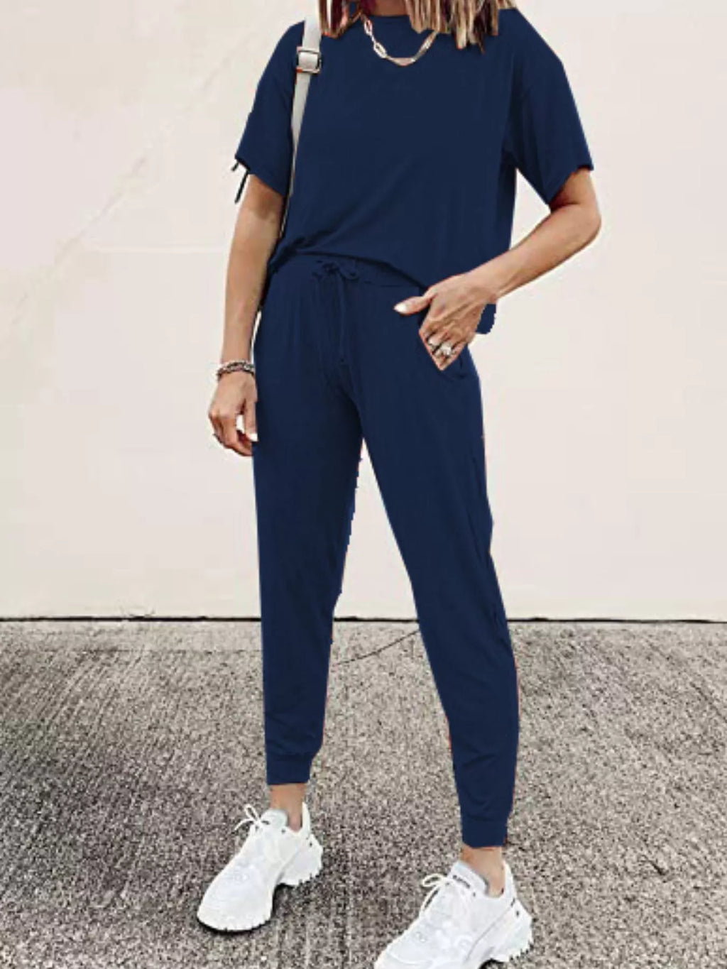 Round Neck Top and Drawstring Pants Set Plus Size in Watermelon Red for Women