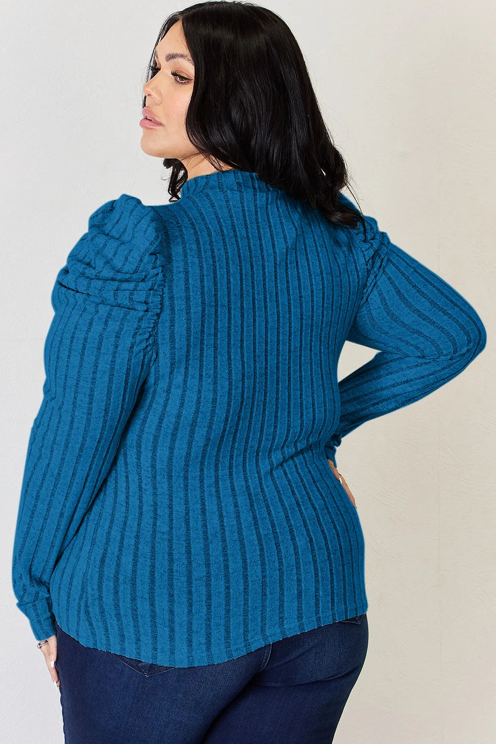 Plus Size Ribbed Mock Neck Puff Sleeve T-Shirt in Light Green for Women