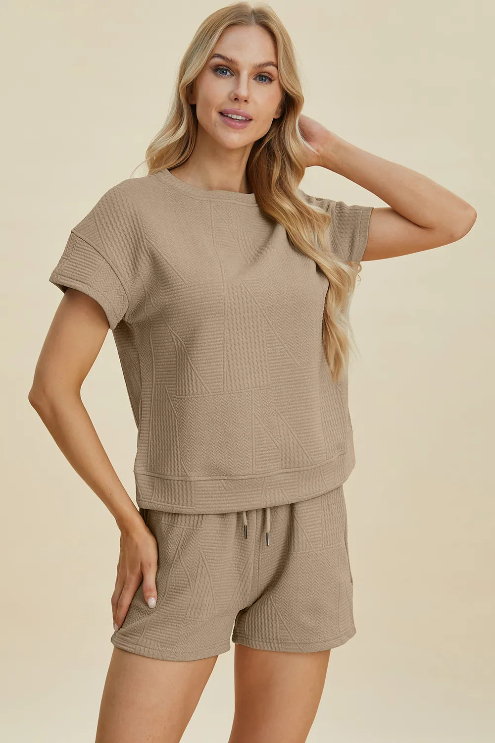 Plus Size Texture Short Sleeve Top and Shorts Set in Gray for Women