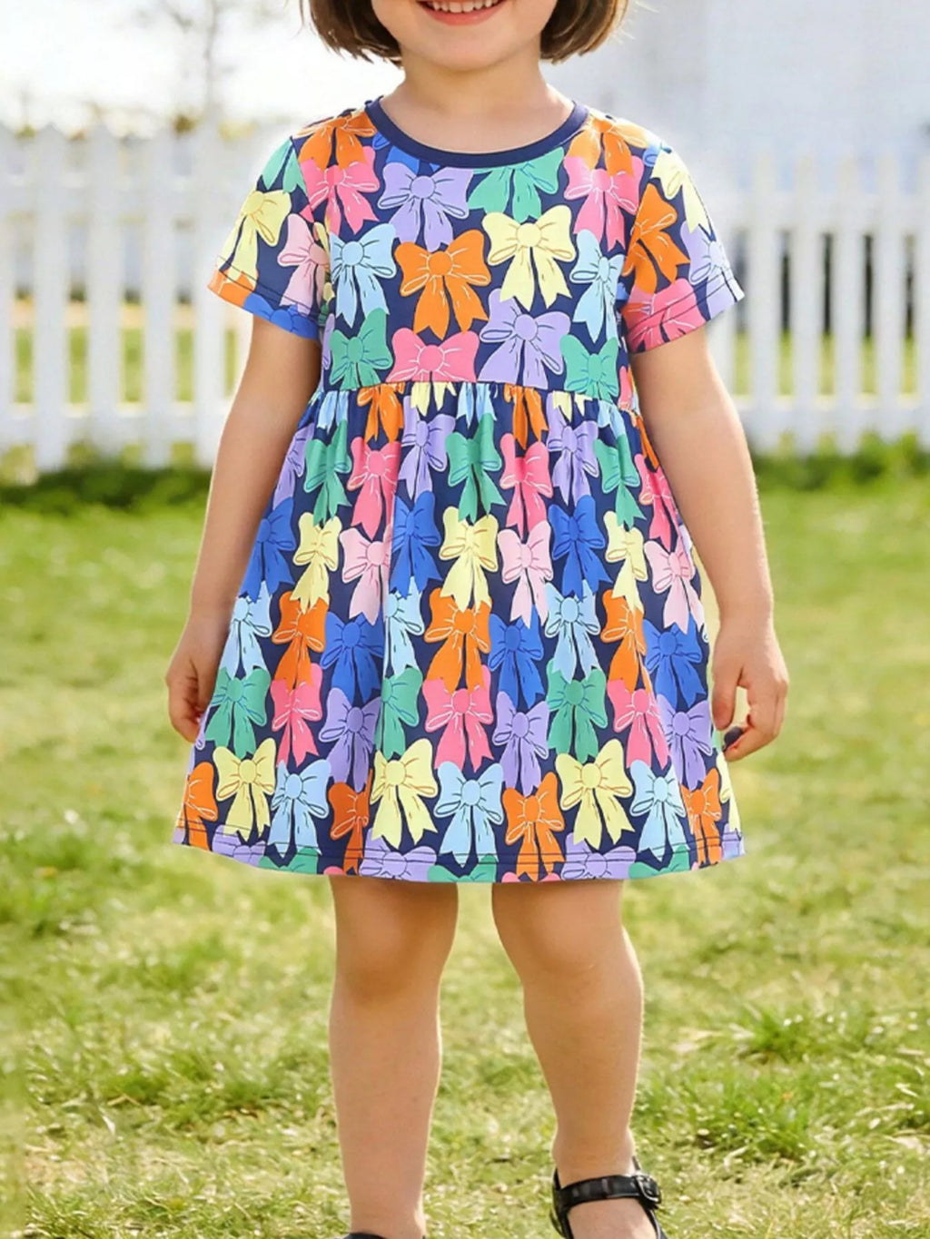 Colorful Bow-Print Casual Dress in Multicolor for Girls