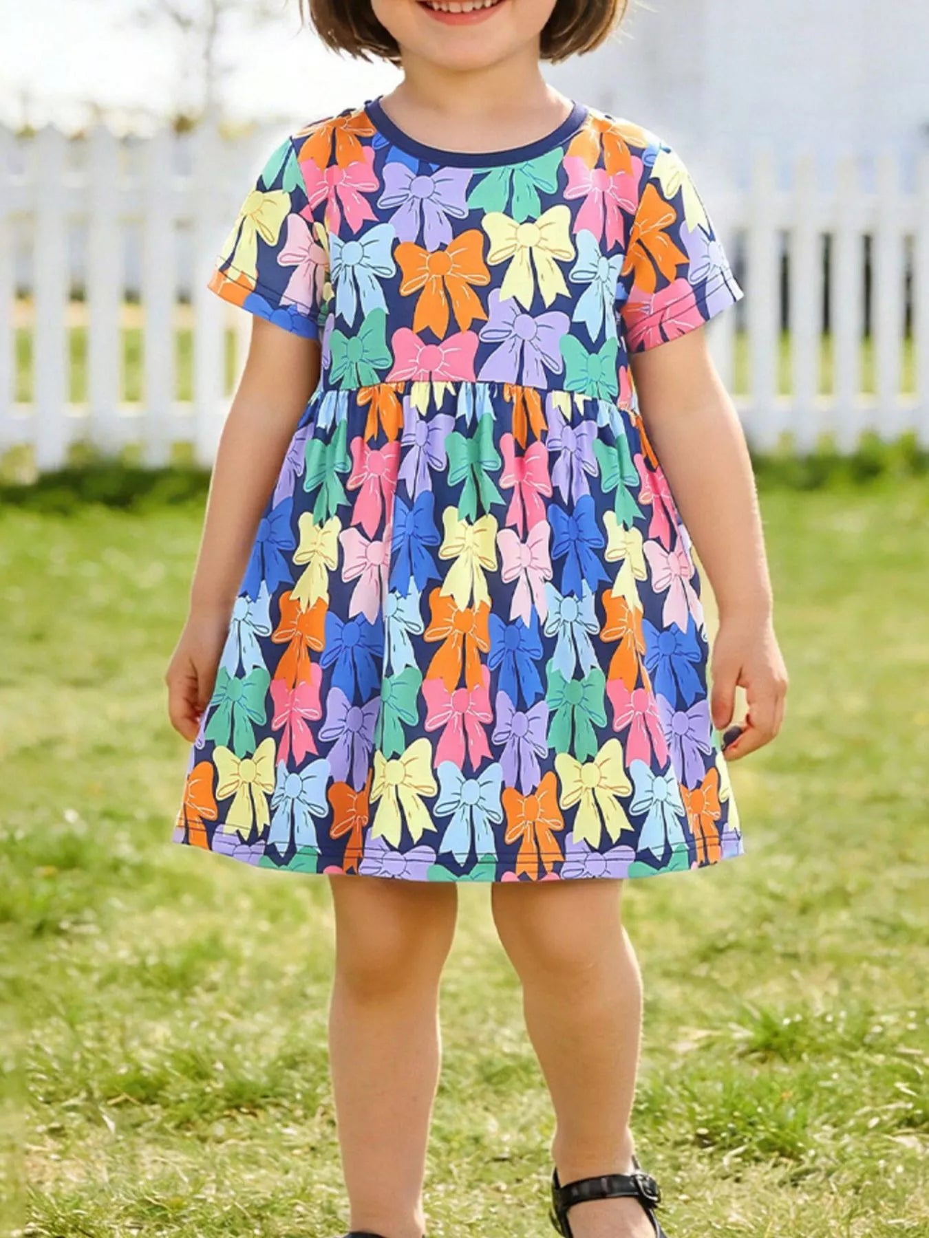 Colorful Bow-Print Casual Dress in Multicolor for Girls