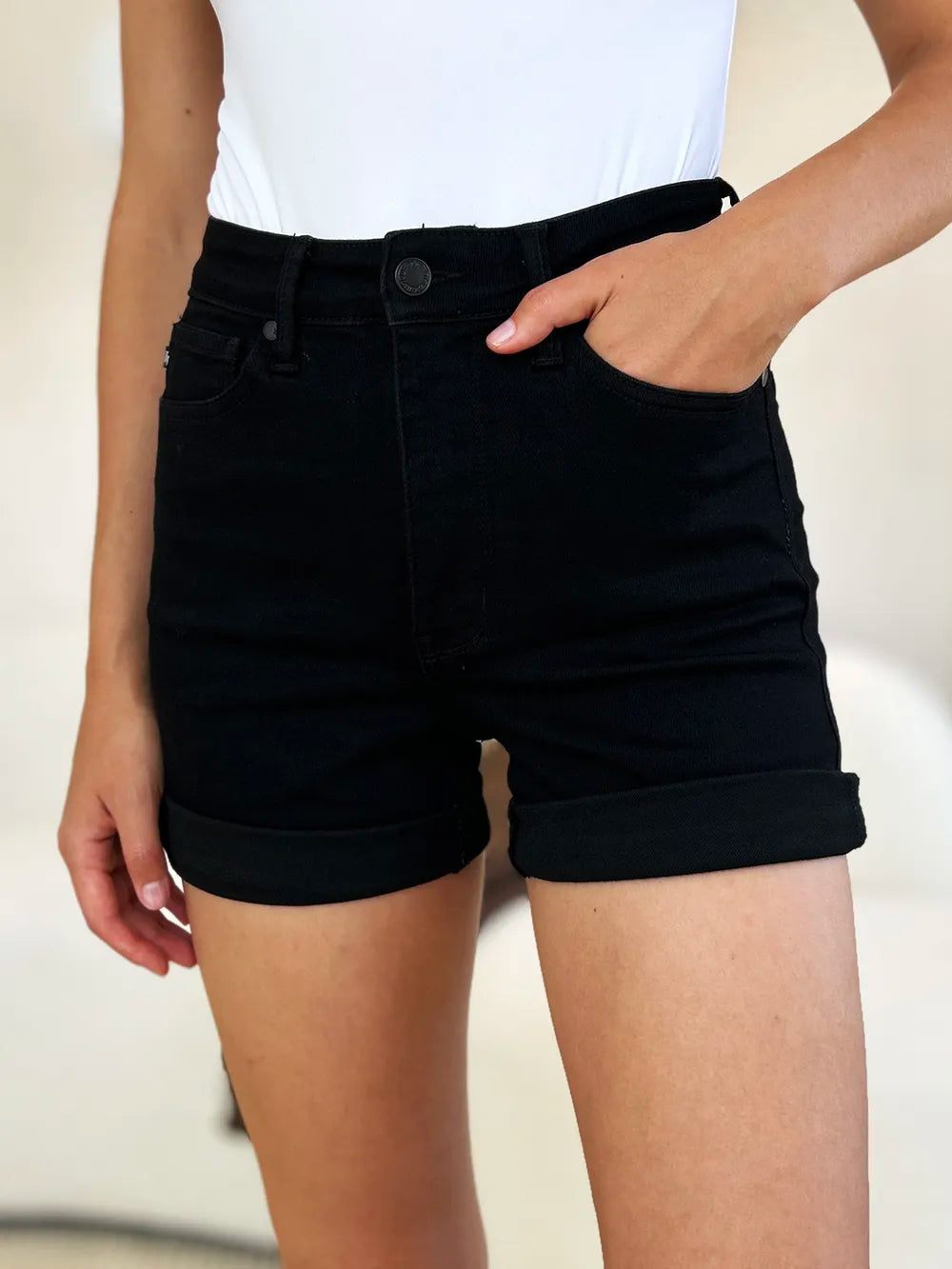 Plus Size High Waist Tummy Control Cuffed Denim Shorts in Black for Women