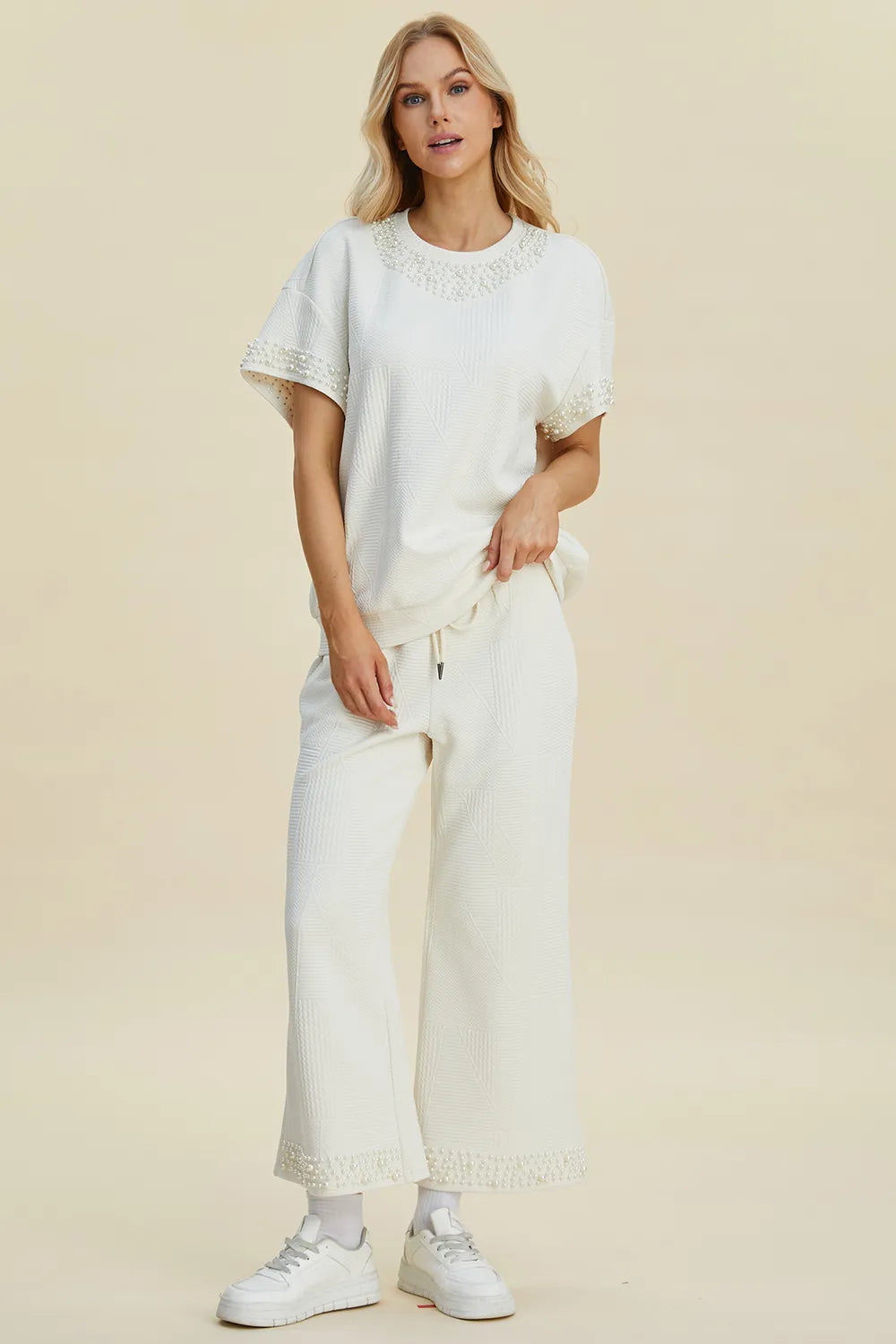 Plus Size Pearl Detail Round Neck Top and Pants Set in Cream for Women