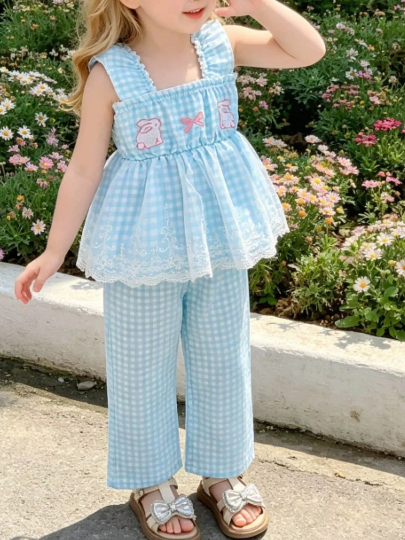 Bunny Gingham Top and Pants Set in Light Blue for Girls