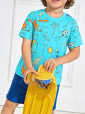 Cartoon Print Crew Neck Short Sleeve Tee in Aqua for Boys