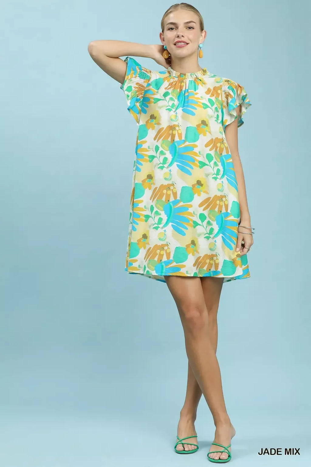 Ruffled Botanical Print Mini Dress in Jade Mix for Women