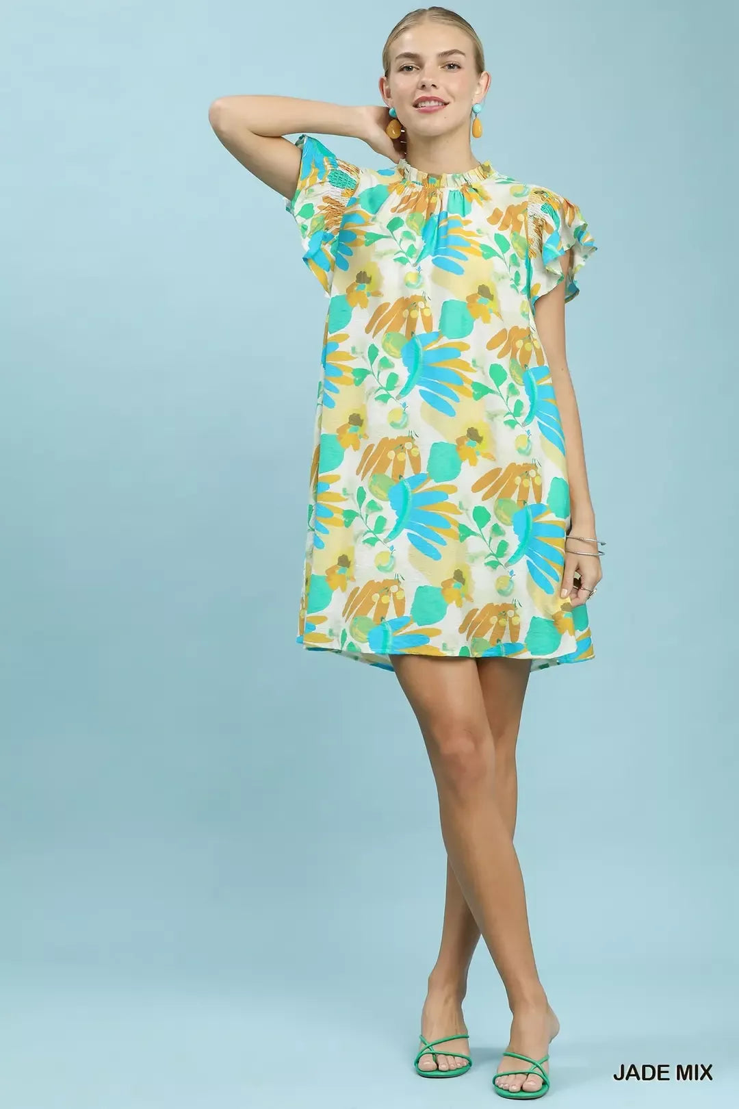 Ruffled Botanical Print Mini Dress in Jade Mix for Women