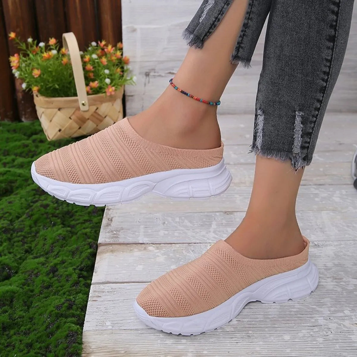 Breathable Mesh Round Toe Slip-Ons in Grey for Women