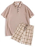 Classic Plaid Collar Polo and Shorts Set Plus Size in Khaki for Men
