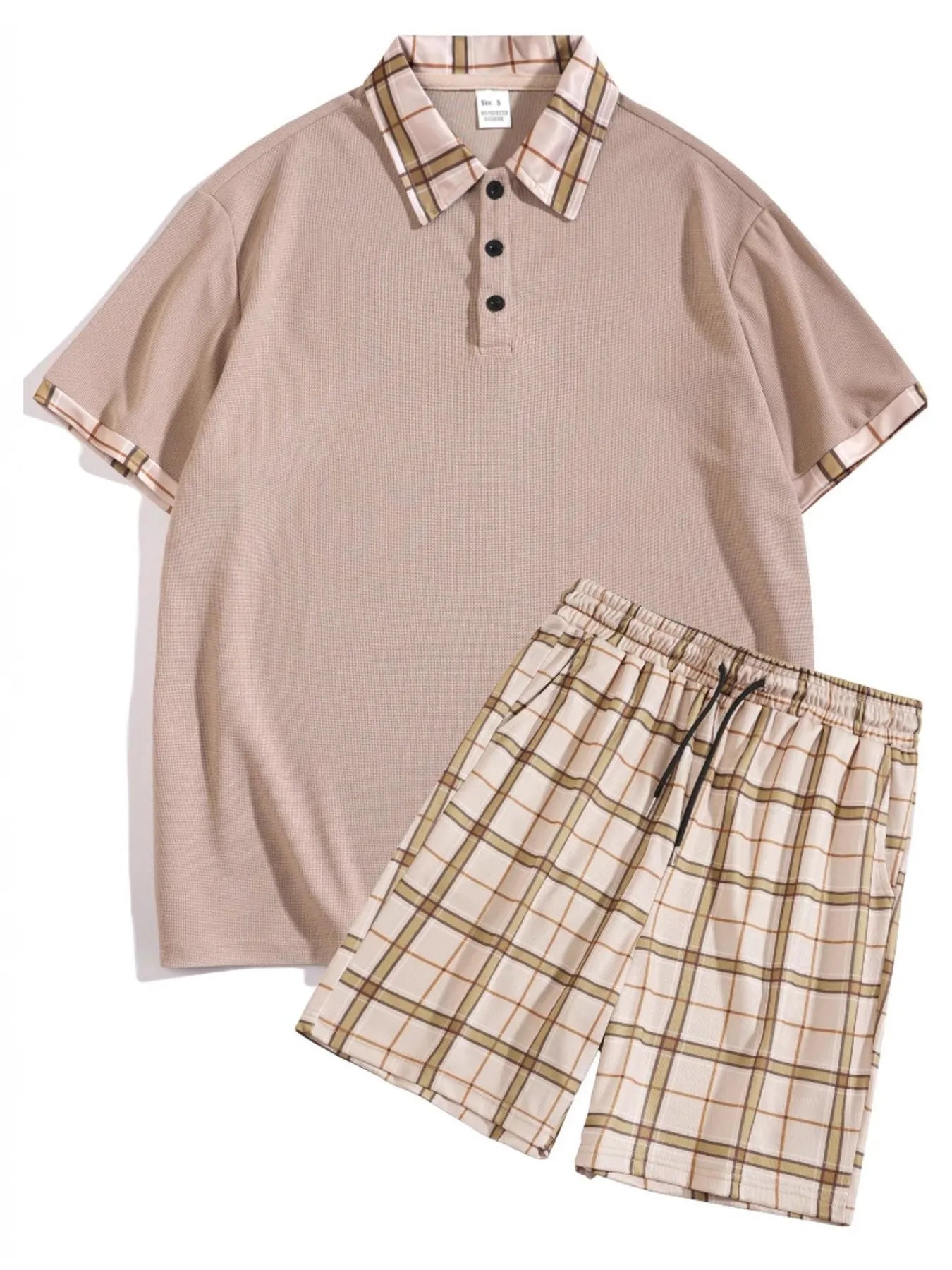 Classic Plaid Collar Polo and Shorts Set Plus Size in Khaki for Men