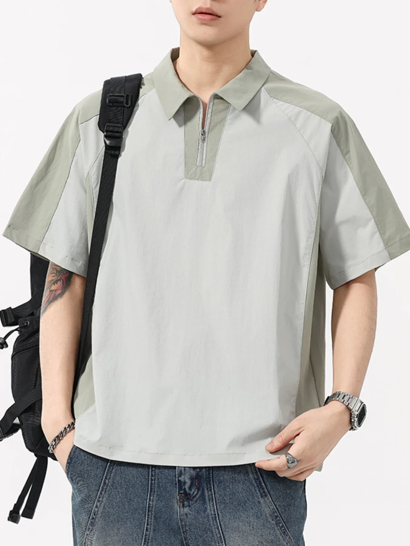 Plus Size Quarter Zip Short Sleeve Polo in Grey for Men