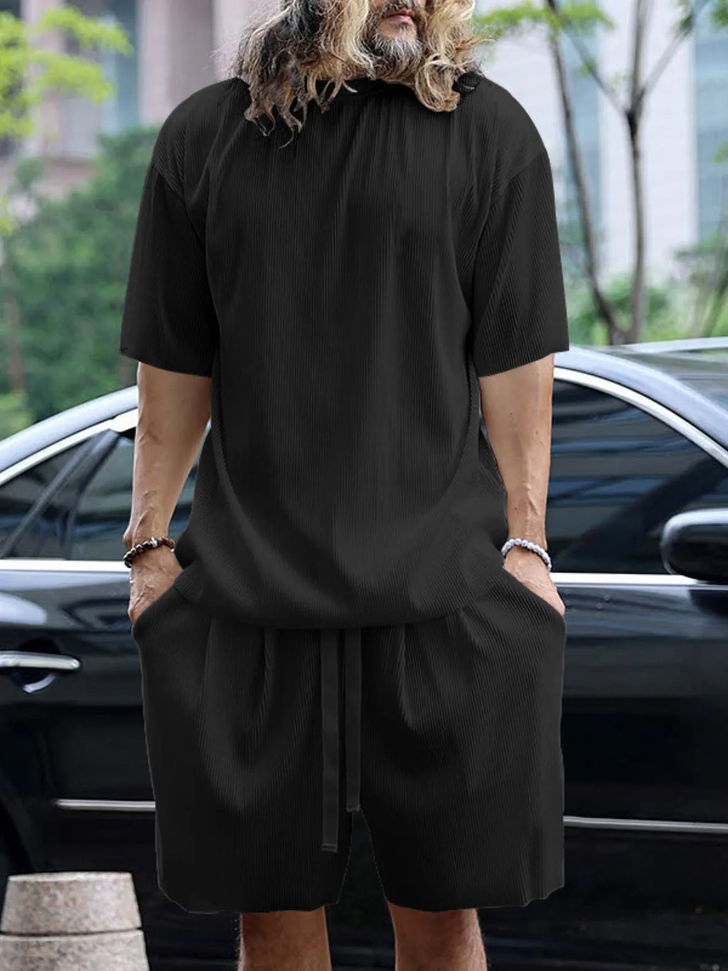 Round Neck Short Sleeve Top and Shorts Set Plus Size in White for Men