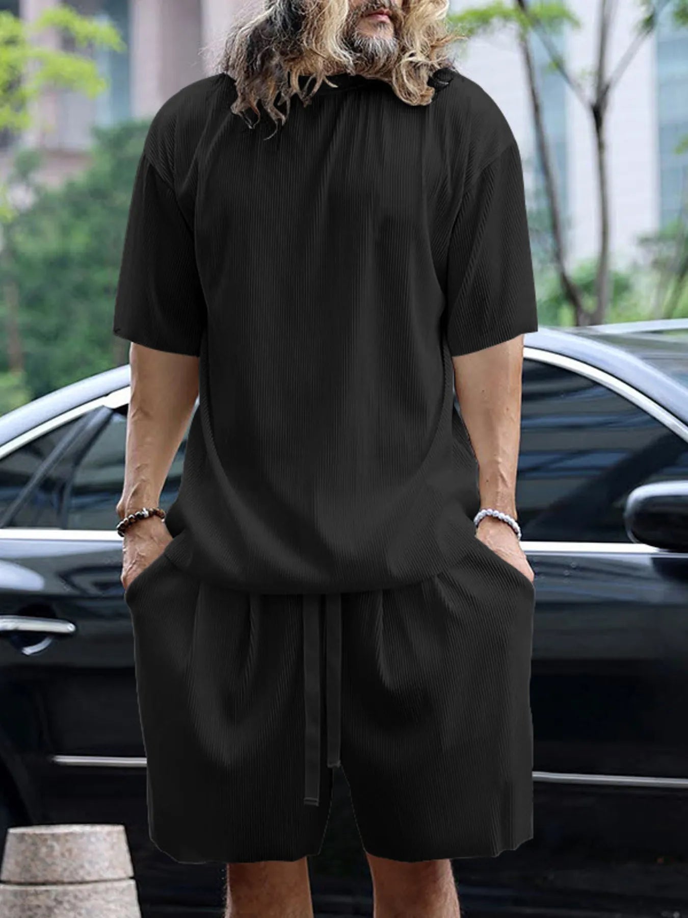 Round Neck Short Sleeve Top and Shorts Set Plus Size in White for Men