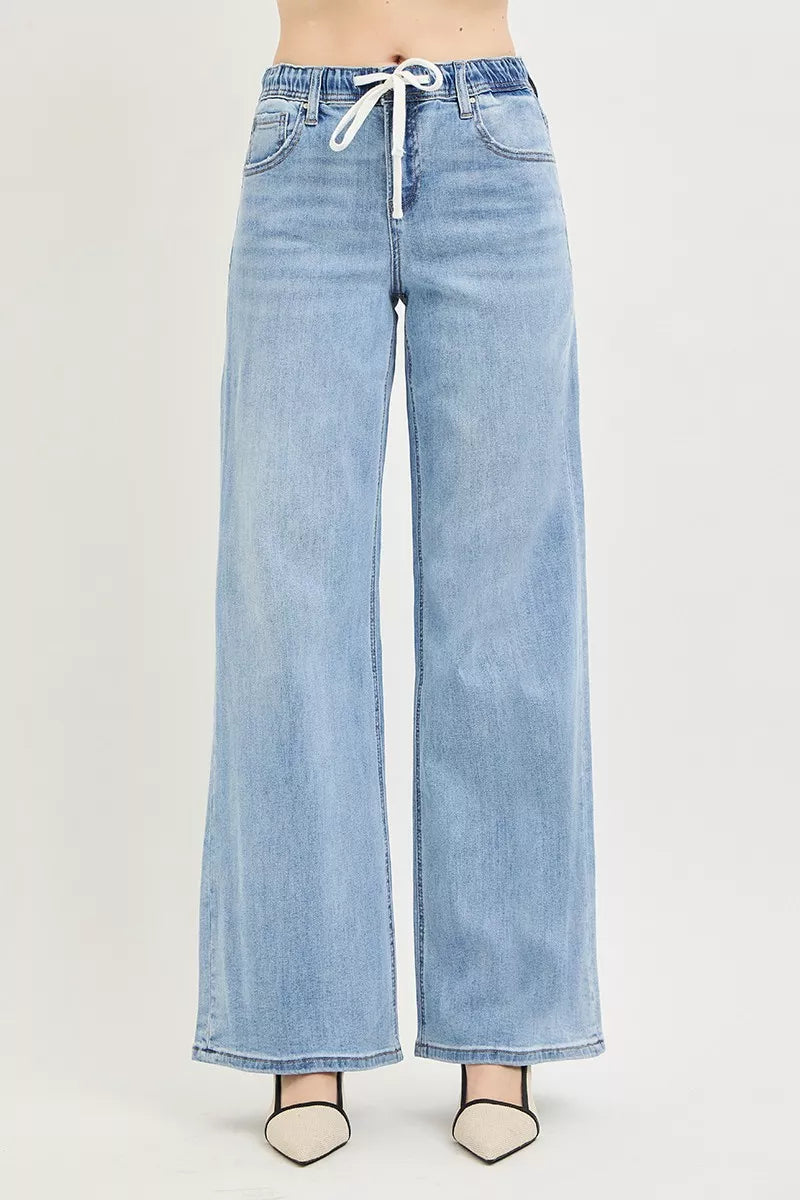 Elastic Band Slouchy Wide Jeans with Drawstring in Light for Women