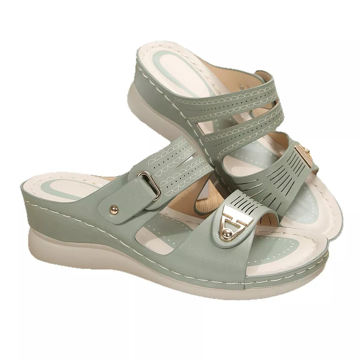 Open Toe Wedge Sandals in Green in Apricot for Women