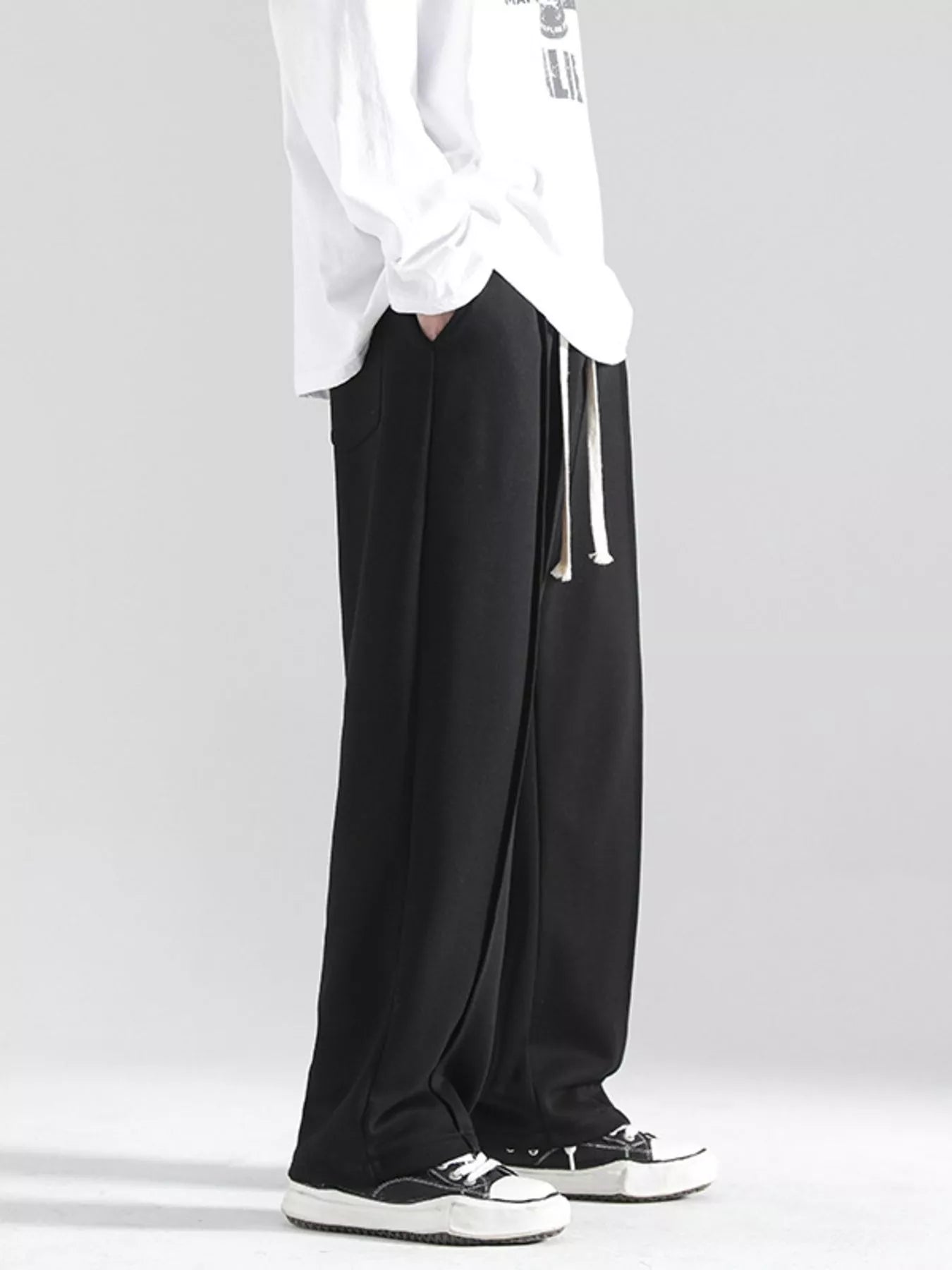 Plus Size Casual Wide Leg Drawstring Pants in Black for Men