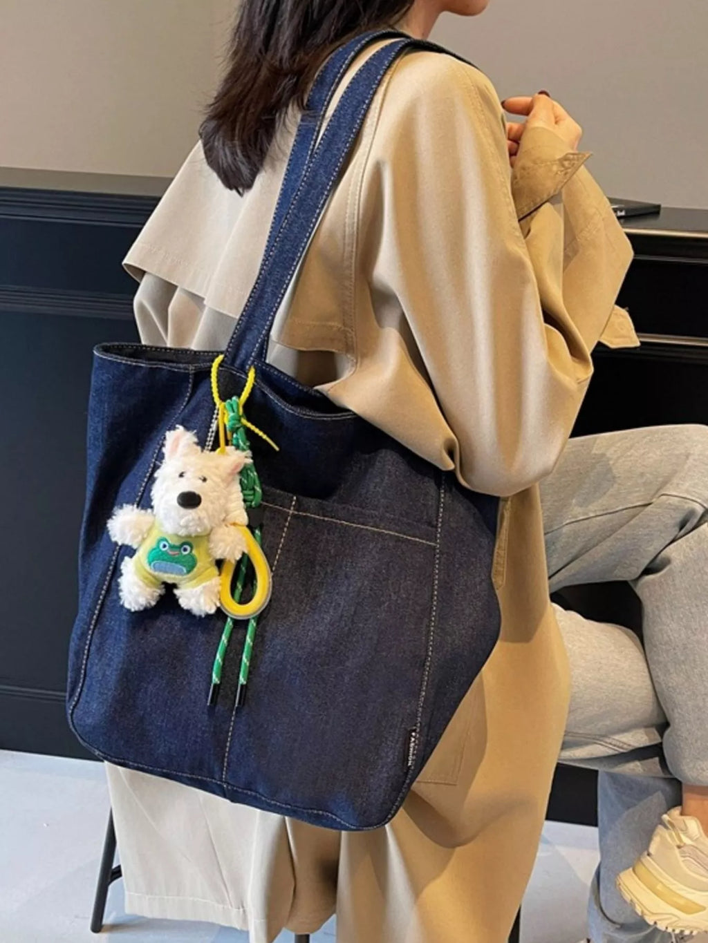Denim Shoulder Bag with Cute Charm for Women