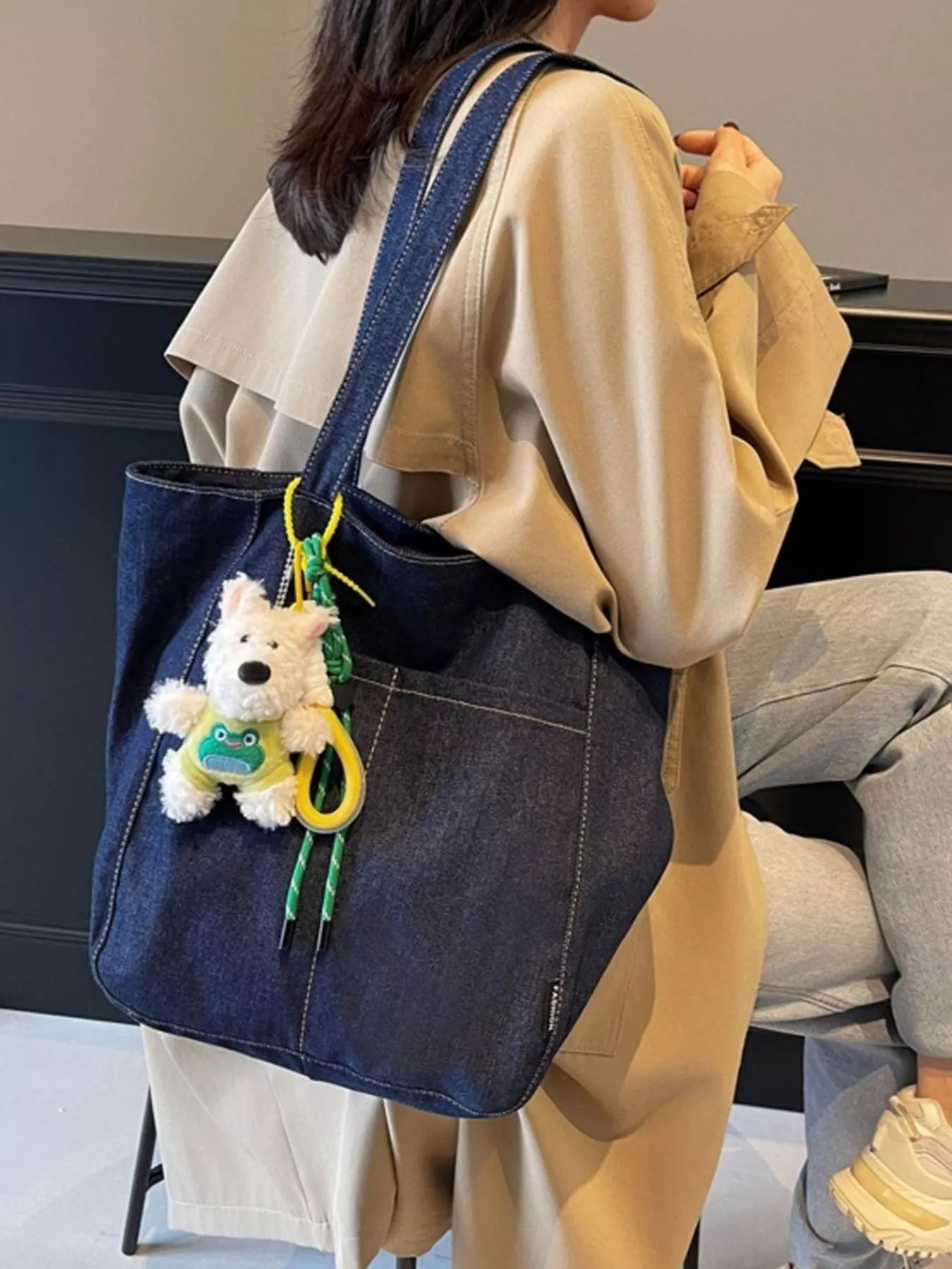Denim Shoulder Bag with Cute Charm for Women