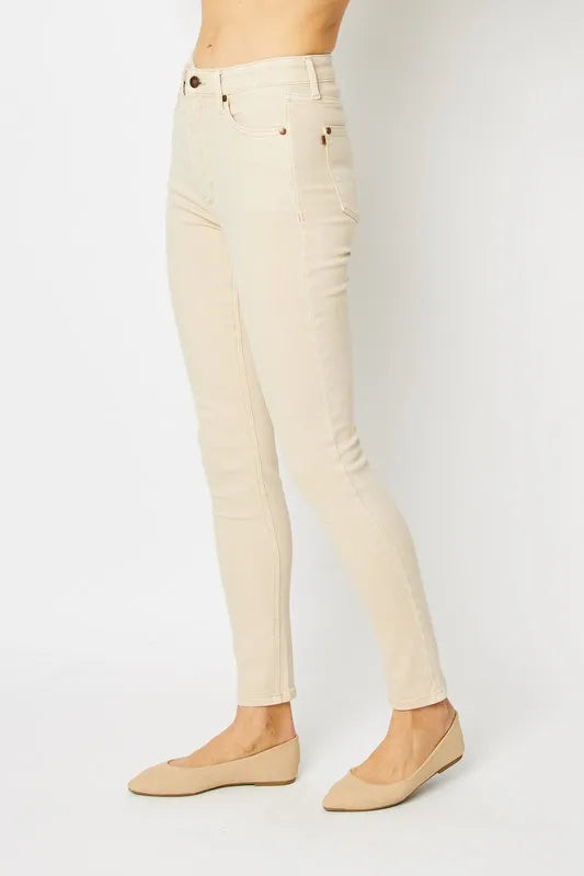 Plus Size Garment Dyed Tummy Control Skinny Jeans in Bone for Women