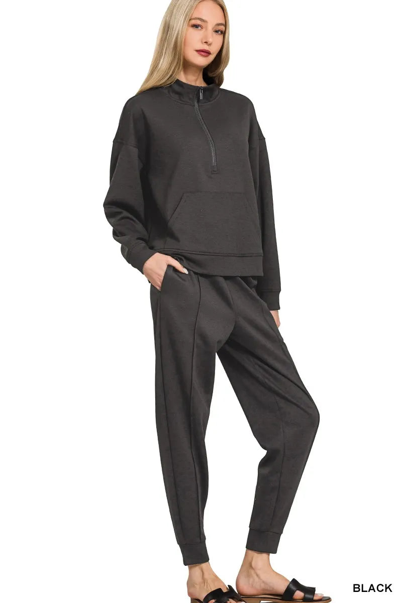 Scuba Half Zip Sweatshirt and Joggers Set in Black for Women