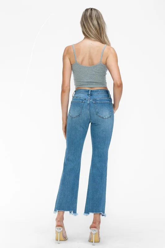 Raw Hem Distressed Mid Rise Crop Jeans in Medium for Women